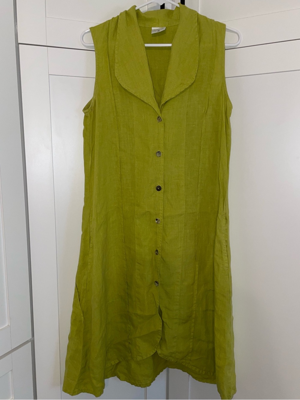 Click Vintage chartreuse Button-Front Linen summer dress.